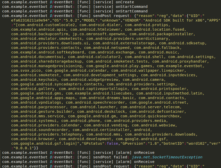 EventBot Logcat from the infected device