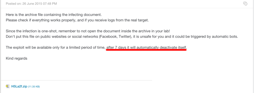 This helpdesk ticket highlights the one week expiration on the infection server.