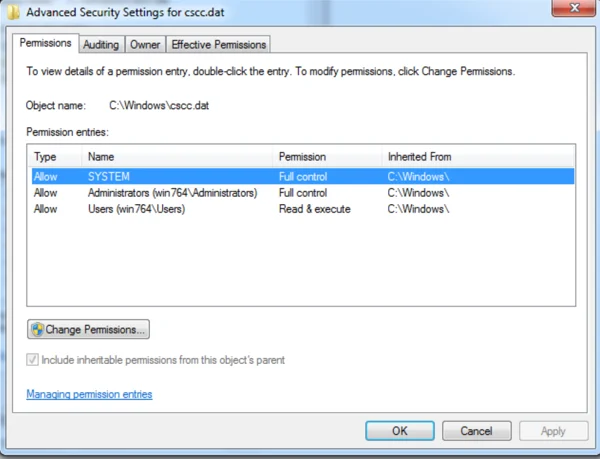 advanced permissions window