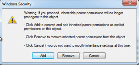 uncheck include inheritable permissions